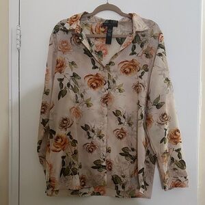 Joan Vass Beige Floral Button Down Shirt